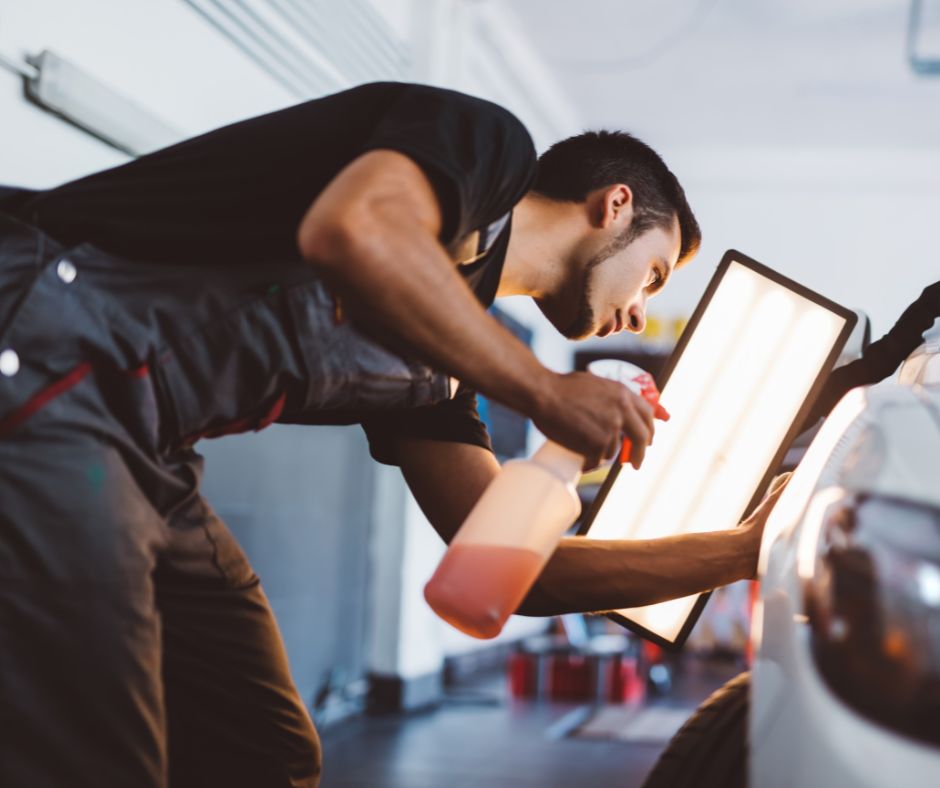 Auto technician performing paintless dent repair on a vehicle, using a light source and cleaning solution to assess surface damage in Ardmore, PA.